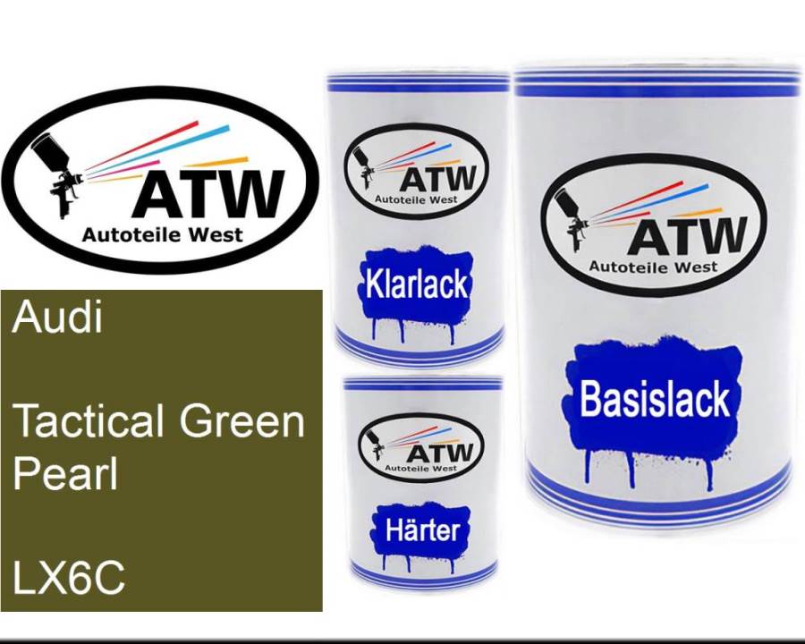 Audi, Tactical Green Pearl, LX6C: 500ml Lackdose + 500ml Klarlack + 250ml Härter - Set, von ATW Autoteile West.